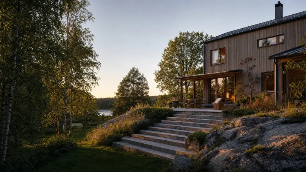 Hus med trädgård och stentrappa