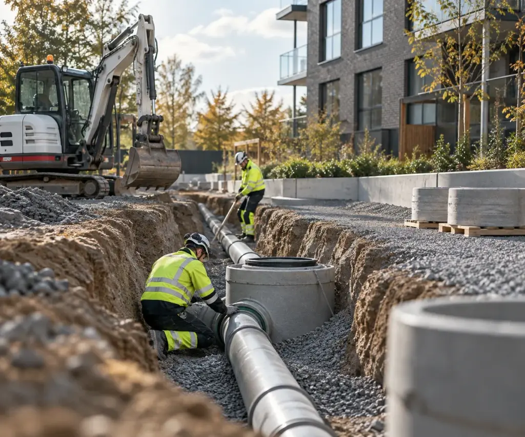 Ledningsarbete i schakt vid ett flerbostadshus